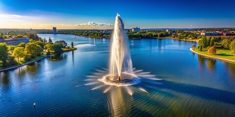 Obraz premium Geneva Jet d'Eau Fountain Aerial View: Stunning Swiss Landmark, Lake Geneva, Switzerland