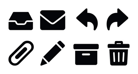 Office communication solid icons set &ndash; flat style email, document, and file management symbols for productivity: inbox tray, envelope, reply, forward, paperclip, pencil, archive, trash bin.