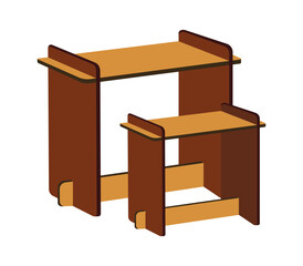 Wooden study table and chair set for kids in brown and orange tones isolated on white