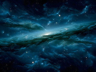 Fototapeta premium Celestial Nebula: A captivating view of a cosmic nebula, aglow with ethereal colors and embedded with distant stars. The image evokes a sense of wonder and the vastness of the universe.