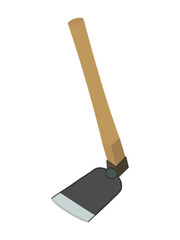 Illustration of a gardening hoe tool with wooden handle and metal blade for farming and digging