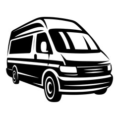 Black and white stylized illustration of a modern passenger van vehicle