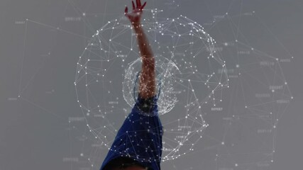 Male tennis player serving with racket under digital network overlay highlighting sports technology - Powered by Adobe