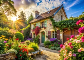 Obraz premium Giverny Garden House, Impressionist Style French Countryside Home, Floral Cottage, Spring Blooms, Idyllic Retreat