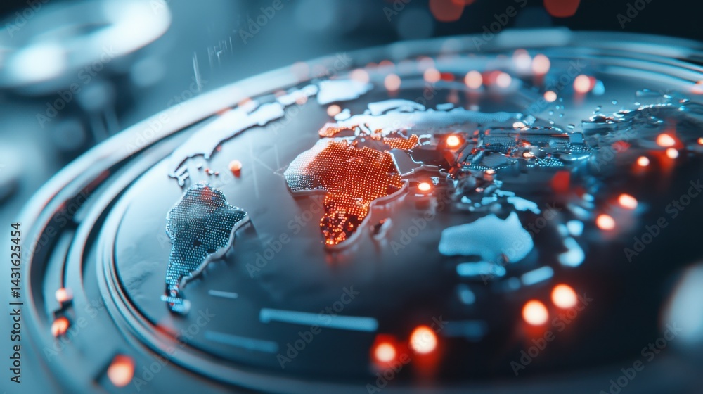 Poster a futuristic digital depicting an advanced intelligence system scanning a global map to identify and