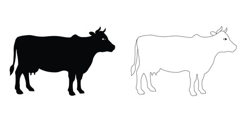 Vector illustration of a cow silhouette and its outline version side by side, perfect for educational content, farm themes, animal graphics, and black&white design projects. Best for eid mubarak card
