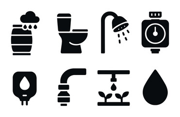 Water conservation solid icons set - silhouette style sustainability, eco-friendly, and resource-saving design elements: rain barrel, toilet, shower, sprinkler, water drop, timer, faucet, valve.