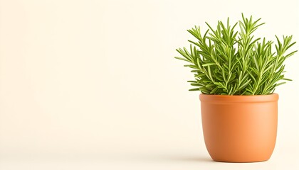 A potted rosemary plant on a white background with copy space