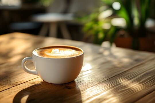 Latte Art on Wooden Table: A cappuccino with beautiful foam art in a bright and inviting setting.