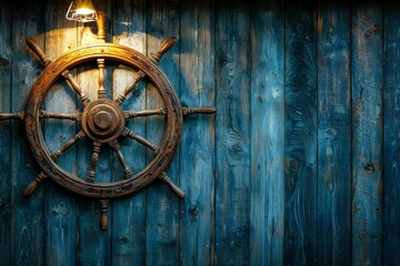 Obraz premium Wooden Ship Wheel Against Weathered Blue Planks