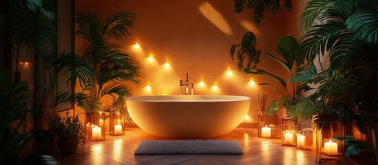 Relaxing spa bathroom with candles and plants.