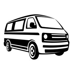 Sleek and stylized depiction of a passenger van in black and white