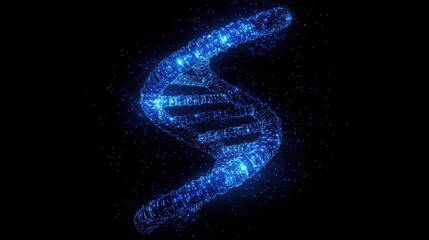 Obraz premium DNA helix consisting of digital data streams, spinning in a dark blue cyberspace, biotechnology concept.