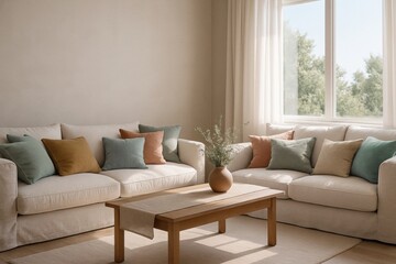 Fototapeta premium bright living room with colorful cushions and natural fabrics