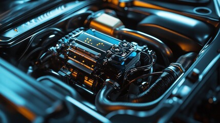 Fototapeta premium Close-up of a sleek, modern car engine with glowing details, showcasing intricate mechanical parts and components.