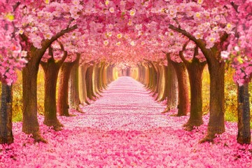 Pink Blossom Trees Form A Tunnel Path
