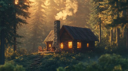 A cozy log cabin nestled in a forest, illuminated by warm light at sunset.