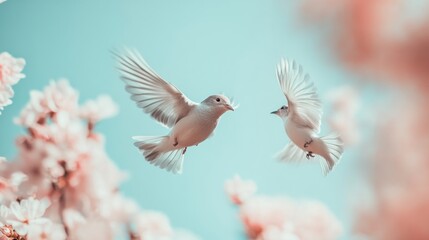 Obraz premium Two birds in flight amongst blossoming pink cherry trees.