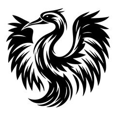 Elegant black and white heron silhouette with stylized feather design