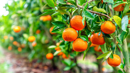 Sunny tangerine orchard with ripe citrus fruits on trees, lush green leaves, vibrant tropical farm landscape, sweet harvest vibes