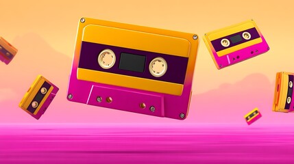 Fototapeta premium Retro cassette tapes float against a vibrant sunset backdrop