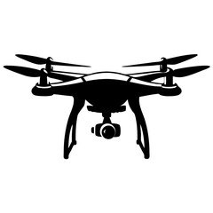A sleek black silhouette of a drone with camera, aerial perspective