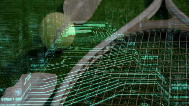 Tennis racket and balls fusing with neon circuit overlay on grass, projecting holographic cityscape