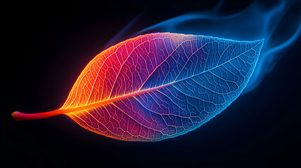 Glowing leaf vibrant colors intricate veins dark background smoky effect