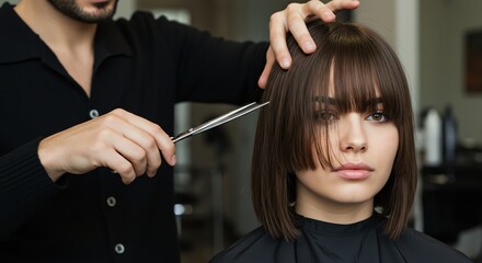Obraz premium Professional Hairstylist Cutting Blunt Bangs on a Woman