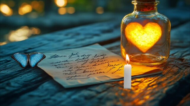 Romantic candlelight with glowing heart in a jar and handwritten love letter on wooden surface at sunset