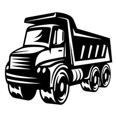 Bold stylized black and white illustration of a heavy duty dump truck