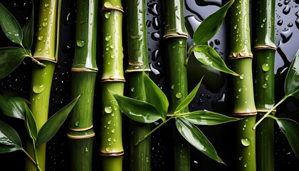 Obraz premium green bamboo stems and leaves with water droplets on a sleek black background the glossy surface and scattered droplets enhance the fresh and natural aesthetic