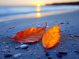 Two autumn leaves rest on a beach at sunset small stones surrounding them