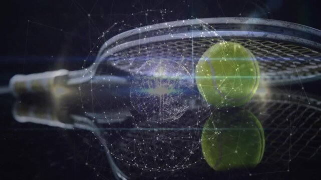 3D tennis racket lying on reflective floor while digital network sphere glowing around tennis ball