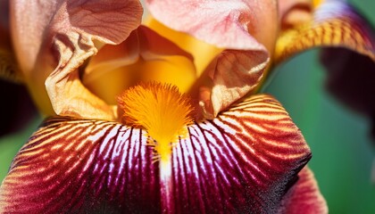 close up of vinous and yellow iris petal with stamen