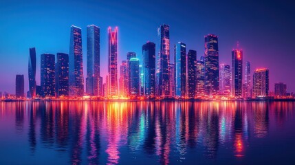 Fototapeta premium Neon Cityscape: Dazzling Night Reflection