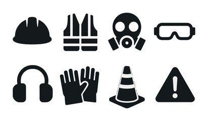 Workplace safety solid icons set – silhouette style symbols for hazard, protection, and security: hard hat, safety vest, gas mask, goggles, ear protection, gloves, traffic cone, warning sign.