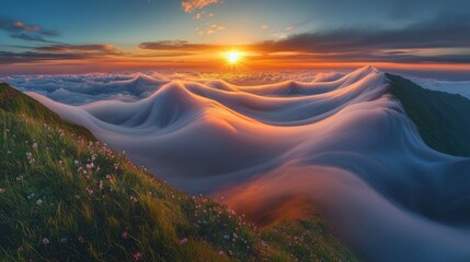 Naklejka premium Sunset over misty mountain peaks, wildflowers foreground, peaceful scene; travel, nature