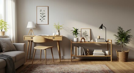 Interior Scene with Desk, Chair, and Plants