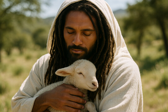 Jesus Christ with a white tunic and cloak hugging a lamb