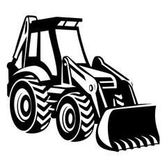 Bold Black and White Illustration of a Front Loader Construction Vehicle