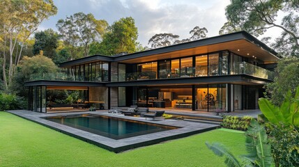 Fototapeta premium Luxury Modern House with Pool and Lush Greenery