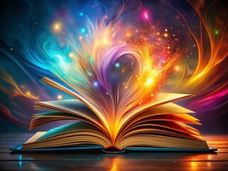 Glowing Open Book: Vibrant Colors, Knowledge, Possibilities Stock Photo