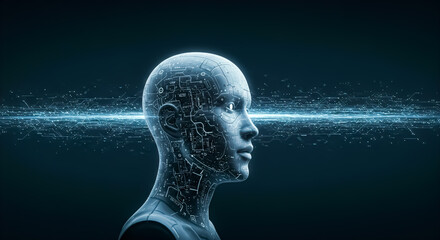 A futuristic humanoid figure with glowing circuit patterns symbolizes artificial intelligence and technological advancement. Deep blue background.