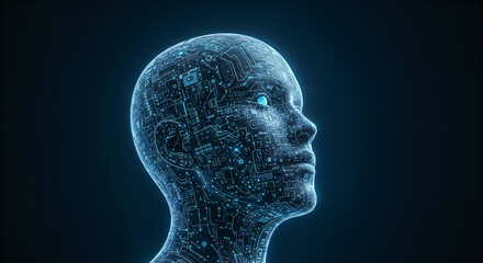 Futuristic Artificial Intelligence Concept: High-tech human head illuminated with circuit patterns against a dark background.