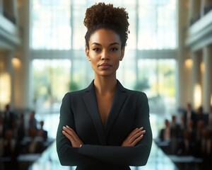 Female politician minority ethnicity leading groundbreaking policy reform gender equality captured modern government office setting Photo realistic powerful leadership presence diverse audience formal
