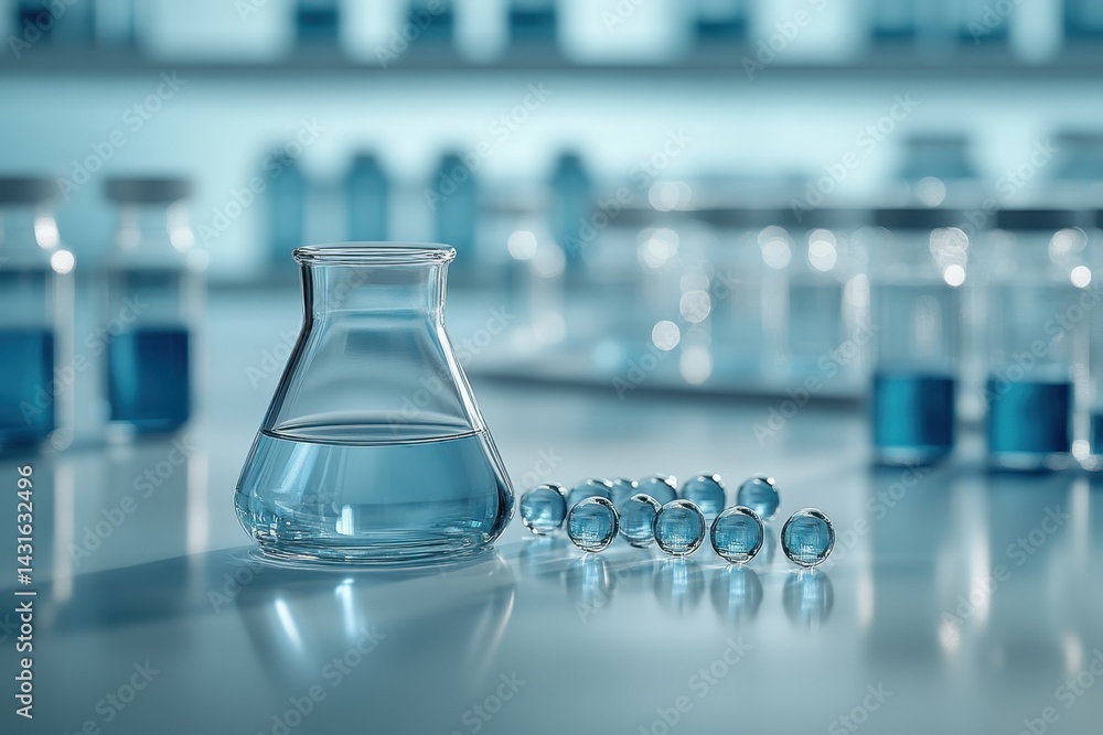 Poster laboratory setup featuring a glass flask and blue liquid on a research table in a modern lab