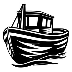 Monochrome illustration of a fishing boat on water with a stylized design
