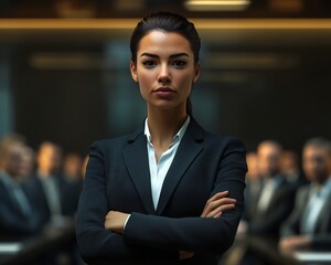 Female politician minority ethnicity leading groundbreaking policy reform gender equality captured modern government office setting Photo realistic powerful leadership presence diverse audience formal