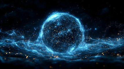 Obraz premium Glowing blue sphere amidst swirling starry nebula Intricate network of light